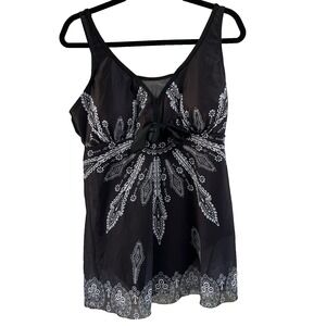 Womens One-piece‎ Swimdress Size XL Black & White Y2K Boho Mandala Swimsuit